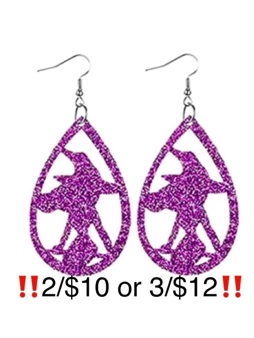 Witch Earrings Purple Glitter Faux Leather Sparkly Dangling Halloween Earrings